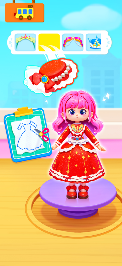 Baby Panda's School Bus - A pink haired character in a red dress being customized in a princess dress up mini game
