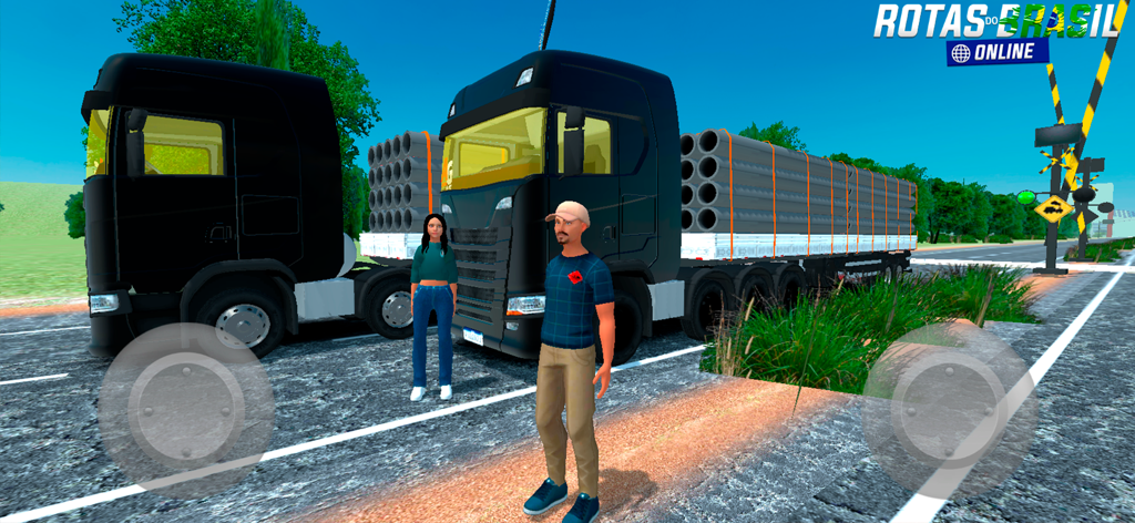 Rotas do Brasil Online - Dos jugadores de pie junto a camiones de carga negros en el juego móvil Rotas do Brasil Online