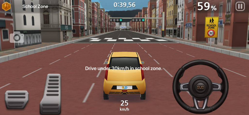 A yellow car driving through a school zone in Dr. Driving 2 with a 30 km per hour speed limit.