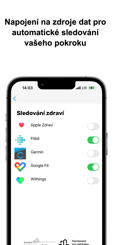 10000 kroků - Smartphone screen displaying health tracking integrations for the 10000 kroku app including Apple Health and Fitbit