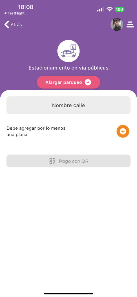Interfaz de la aplicación Innova Cochabamba que muestra la pantalla de pago de estacionamiento en la vía pública con opciones para extender el estacionamiento y pagar mediante código QR.