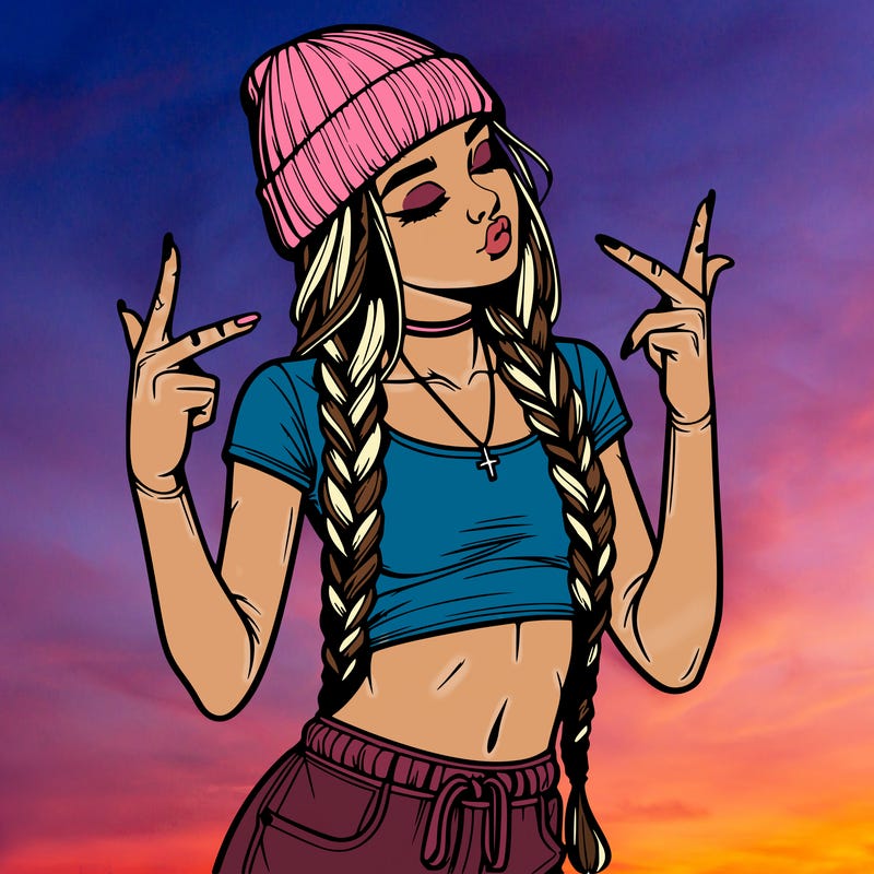 realistic teenage girl with braids and a beanie and crop top doing 🫶🏼