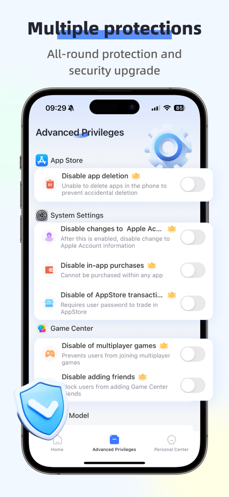 应用软件锁-软件锁、app lock、应用锁+ - Interfaz de la app Safe Locker mostrando configuraciones de seguridad avanzadas como la desactivación de la eliminación de apps y compras dentro de la app para control parental