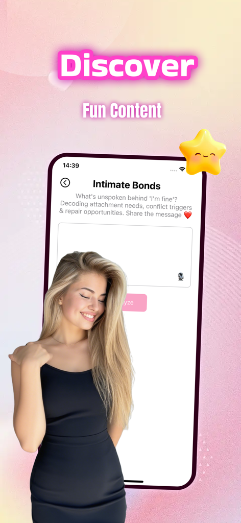 A screenshot of the Foca app showing the Intimate Bonds feature for decoding unspoken meanings in text messages alongside a smiling young woman.