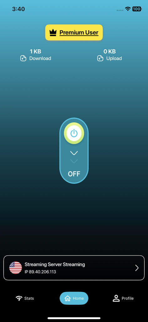 GamingVPN home screen for iOS featuring a premium user badge and connection toggle