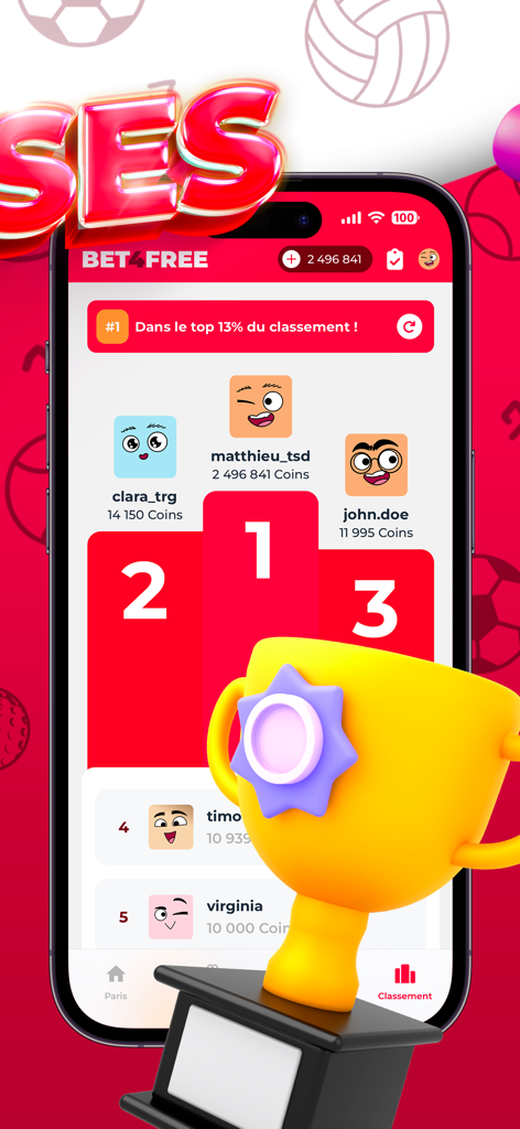 BET4FREE app leaderboard screen displaying top sports prediction rankings with user avatars and a gold trophy