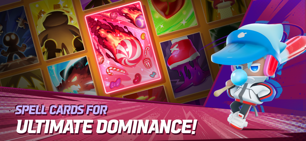 CookieRun: OvenSmash - Cookie character with a baseball bat standing next to a flaming candy spell card in CookieRun OvenSmash