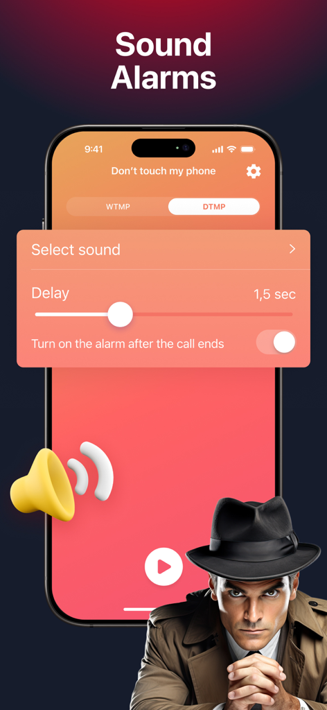 WTMP app interface showing sound alarm settings for phone security and intruder detection