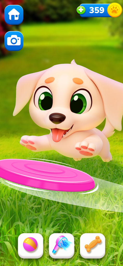 My Virtual Dog - Archie - Um filhote de cachorro fofo de desenho animado chamado Archie pulando para pegar um frisbee rosa em um quintal gramado.