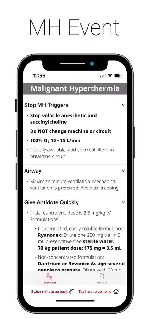 Malignant Hyperthermia crisis checklist and treatment protocol in the Emergency Manual app