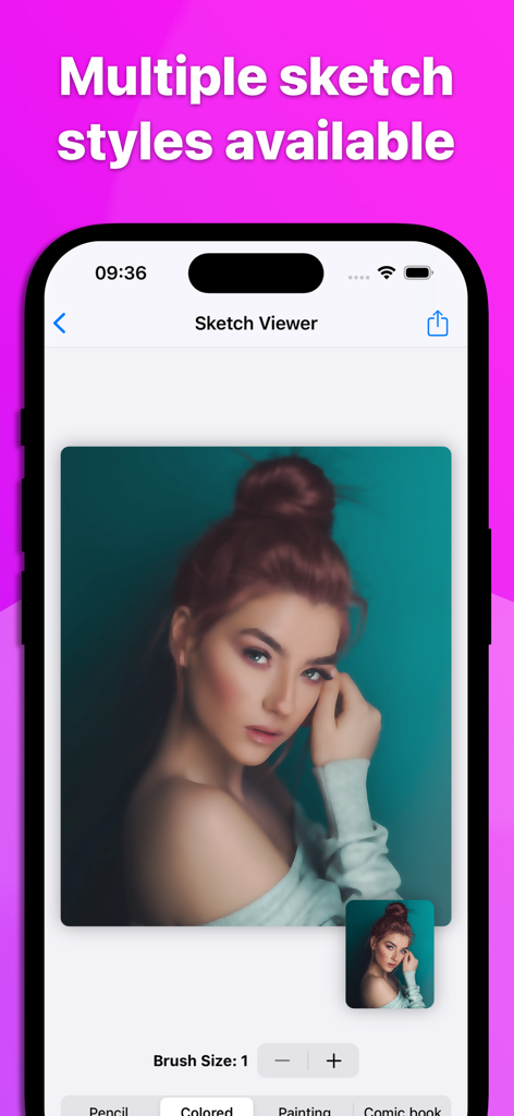 Pencil Sketch: Photo Drawing - 다양한 예술적 드로잉 스타일과 붓 크기 선택기가 있는 Sketch Viewer 인터페이스를 보여주는 스마트폰 화면