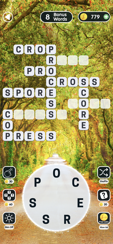 Word Swipe Connect: Crossword - Gameplay interface of Word Swipe Connect Crossword with a word search grid and a circular letter selector over a serene forest background.
