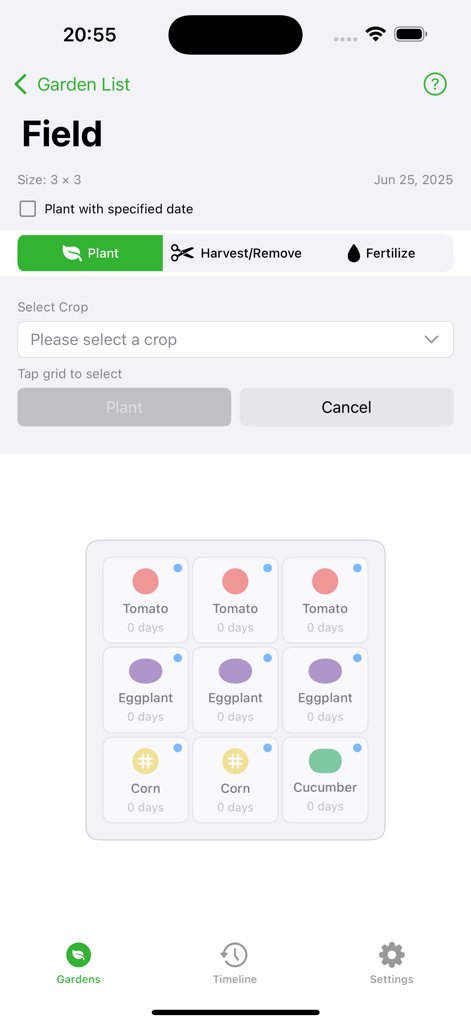 Die Benutzeroberfläche der Easy Home Garden App zeigt ein 3x3-Raster mit gepflanzten Tomaten, Auberginen, Mais und Gurken