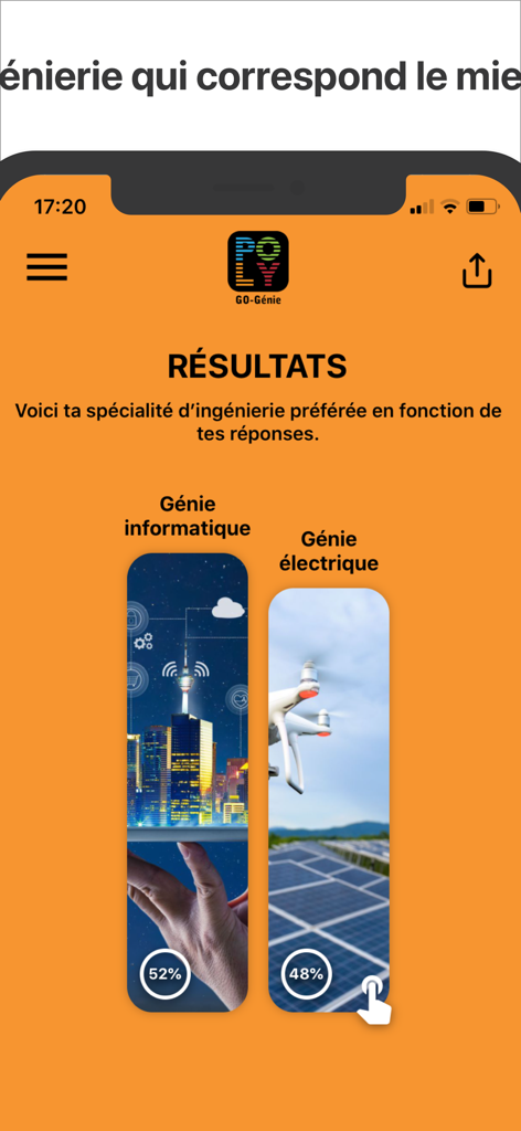 GO-Génie - Results screen of the GO-Genie app showing percentage matches for computer and electrical engineering specialties.