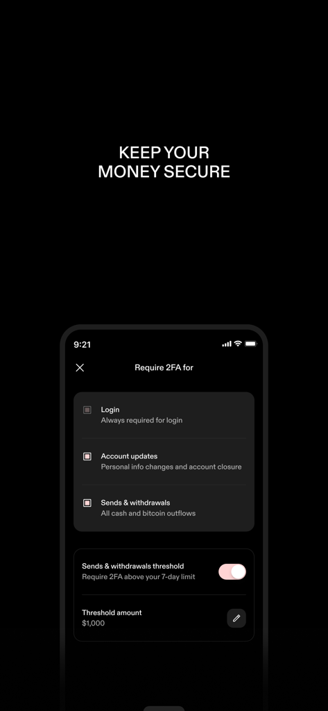 STRIKE: BUY & HOLD BITCOIN - Strike app interface showing two-factor authentication settings for login and withdrawals