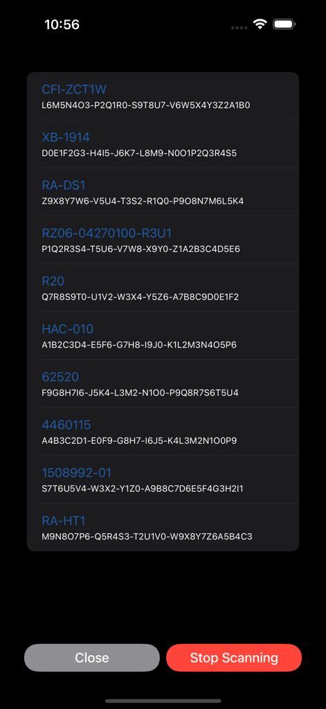 Gamepad Controller-Remote Play - Interfaz que muestra una lista de controladores de juegos Bluetooth detectados durante un escaneo de dispositivos.