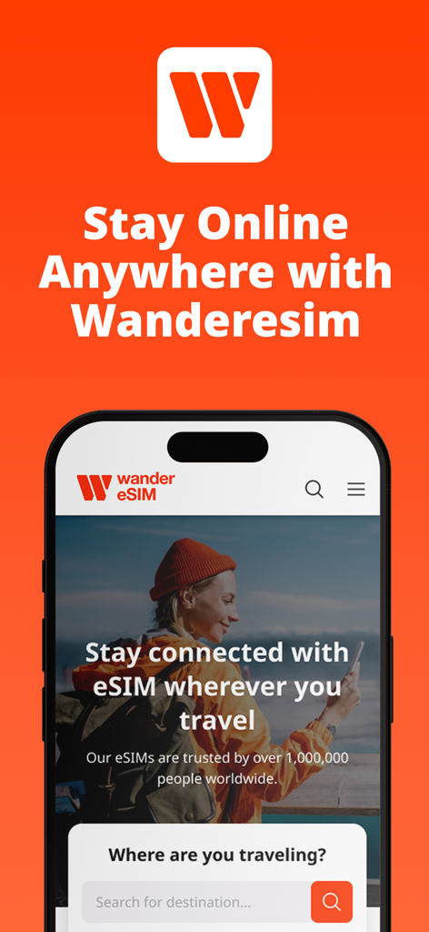 Wanderesim: Travel eSIM - Wanderesim app home screen showing global travel eSIM services