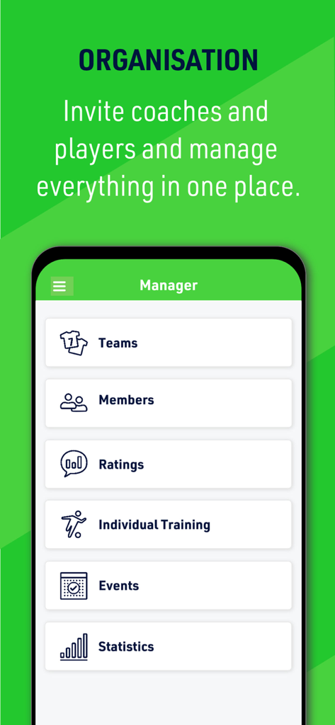 Coaching Zone - Coaching Zone app manager interface for organizing sports teams members and training events