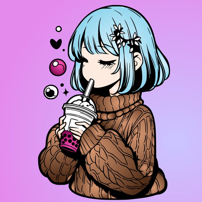 manga girl drinking boba in cozy sweater