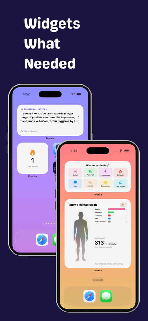 Emotica: Mood Tracker & Diary - Two iPhones displaying various Emotica widgets for mood tracking and emotional pattern analysis on the home screen.