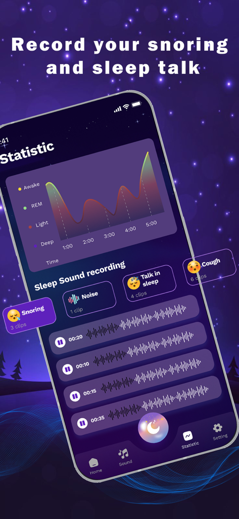 SleepWell app interface displaying a sleep cycle statistics graph and recorded sleep sounds like snoring and sleep talk