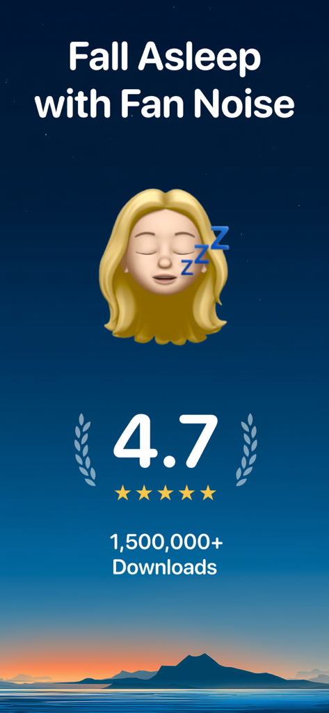 Fan Noise - Sleep Sounds - Fan Noise app promotional screen showing high ratings and downloads