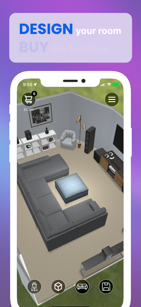A 3D living room design in the Realize app featuring a modern grey sectional sofa and a blue ottoman