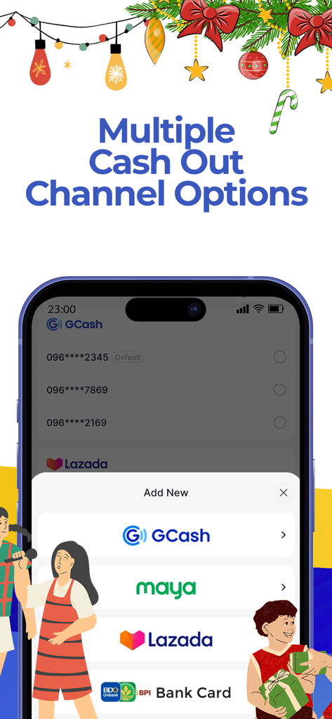 Mocasa: Pay Later & Quick Loan - Interface do aplicativo Mocasa mostrando várias opções de canais de saque, incluindo GCash, Maya e Lazada