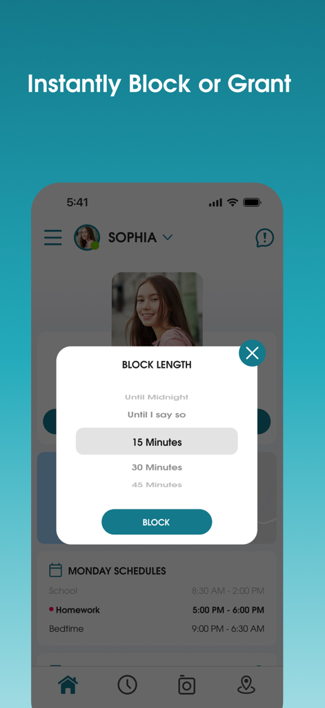 Interfaz de la aplicación OurPact que muestra opciones de duración de bloqueo instantáneo para restringir el acceso del dispositivo de un niño durante un período de tiempo específico.