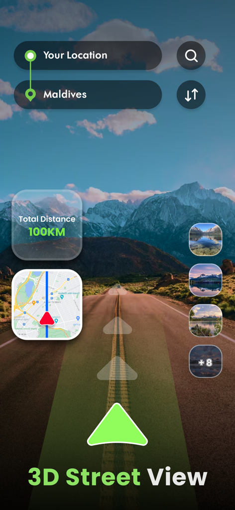 Street View Maps Live Earth 3D - Pantalla de aplicación móvil que muestra navegación de vista de calle en 3D en un camino de montaña