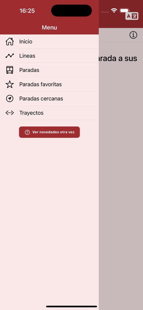 Lineas Urbanas Cuenca - Side navigation menu of the Lineas Urbanas Cuenca transit app with links to bus lines, stops, and favorite routes.