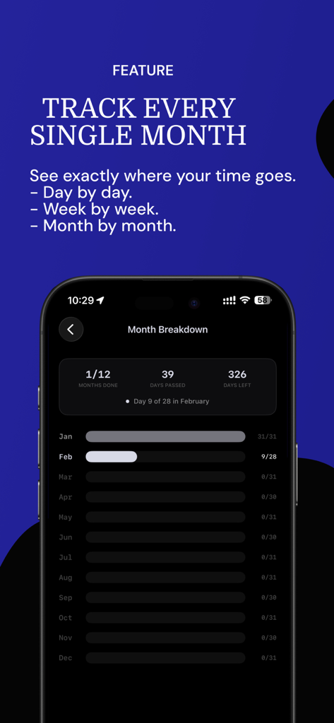 TimeDot: Year & Life Progress - TimeDot app interface displaying a detailed monthly breakdown of time with horizontal progress bars for each month of the year.
