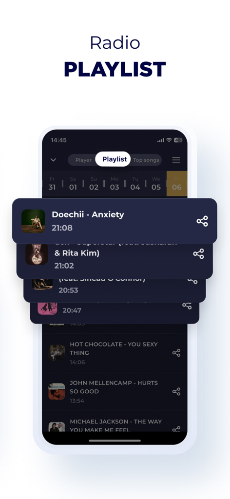 Radio New Zealand: FM & Online - Interface do aplicativo Radio New Zealand exibindo uma playlist de músicas reproduzidas recentemente.