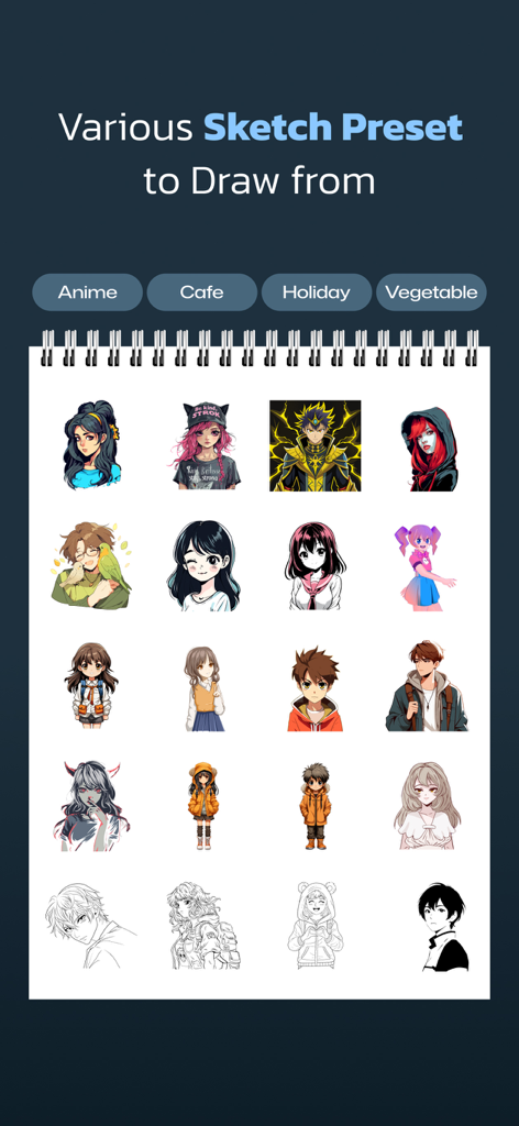 A grid of various anime character sketch presets available in the app for tracing and drawing.