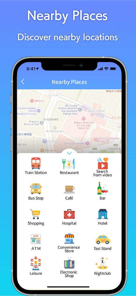 PinnAR - PinnAR app interface displaying the Nearby Places discovery feature with various category icons