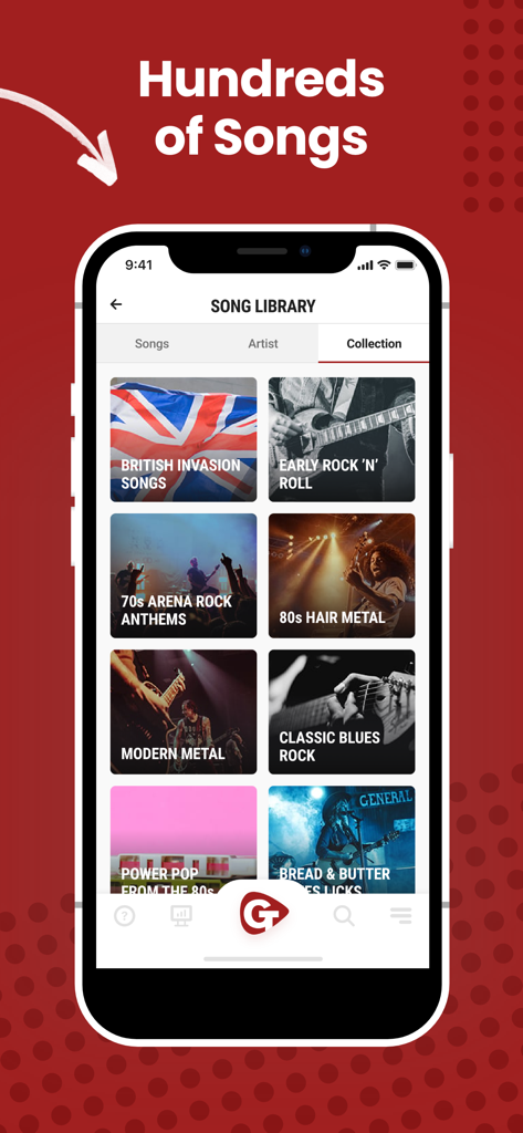 Guitar Lessons - Guitar Tricks - Interfaz de la aplicación Guitar Tricks que muestra una biblioteca de canciones seleccionadas con colecciones como British Invasion, Early Rock y Classic Blues.