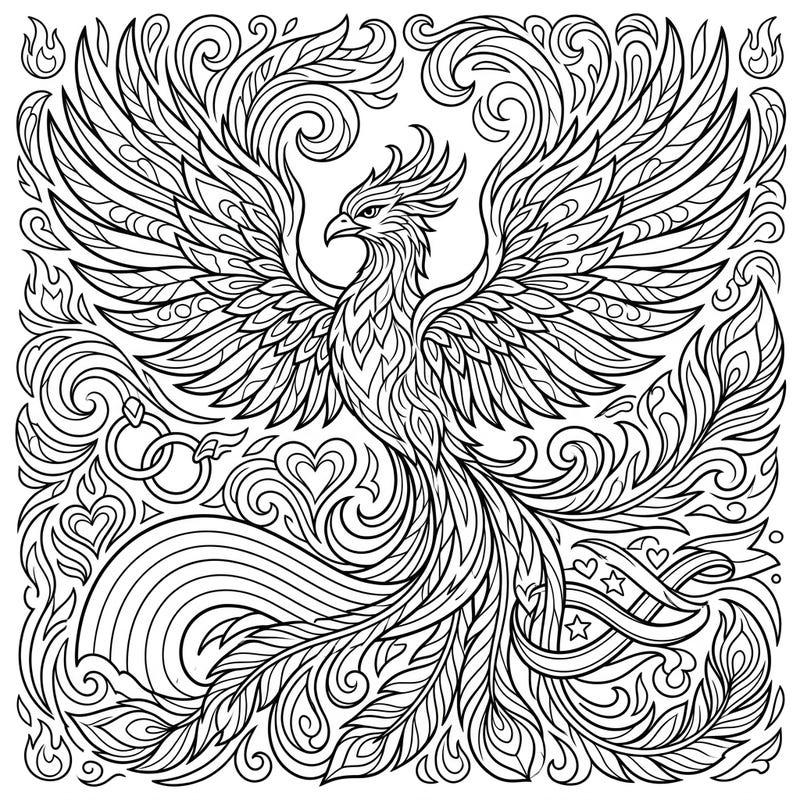 Unleash your creativity with this magnificent Phoenix coloring page, beautifully entwined with symbols of Pride. Perfect for celebrating love, diversity, and the powerful spirit of renewal during Pride Month or any time of year.