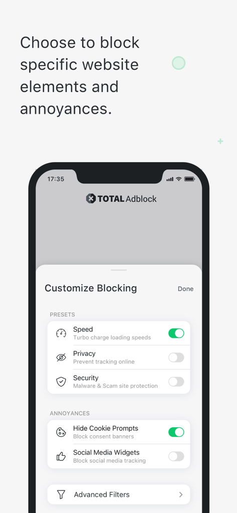 Total Adblock - Ad Blocker - Interface de l'application Total Adblock montrant les options pour personnaliser le blocage pour la vitesse, la confidentialité et les désagréments du site web comme les notifications de cookies