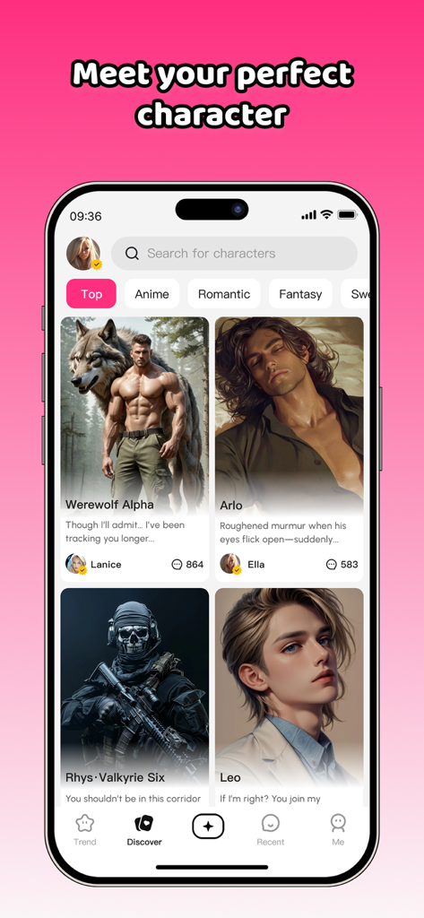 Touchie - AI Love & Chat - Touchie app interface showing a selection of AI boyfriend characters with different themes