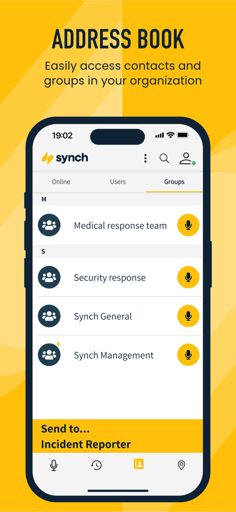 Synch Push To Talk (PTT) - Pantalla de la agenda de la aplicación Synch que muestra grupos de comunicación organizacionales para equipos de respuesta médica y de seguridad