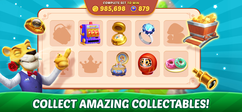 Bingo Aloha game screen showing various rare items to collect like a slot machine, jewelry, and a music box alongside a tuxedo-wearing character