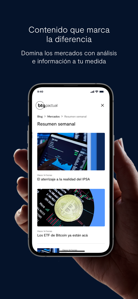 BTG Pactual Chile Inversiones - iPhone screen displaying weekly market summaries and investment analysis in the BTG Pactual Chile app