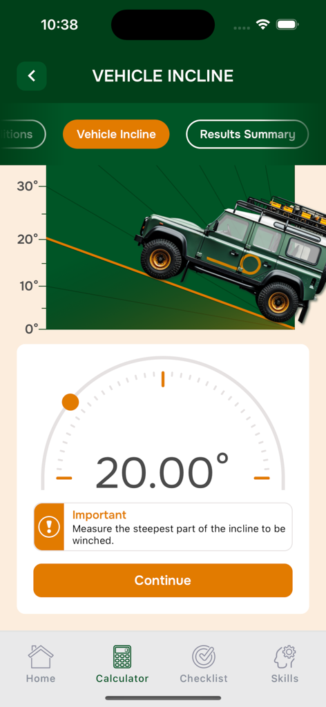 Una pantalla móvil que muestra la calculadora de inclinación de vehículos de la aplicación WINCH con un 4x4 en una pendiente de 20 grados.