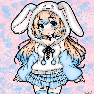 pretty anime girl wearing a fluffy hoodie with bunny ears on the hood and a skirt
