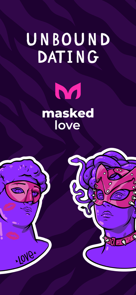 Masked Love: chat & date app - Intro screen for Masked Love dating app featuring masked character illustrations and Unbound Dating text