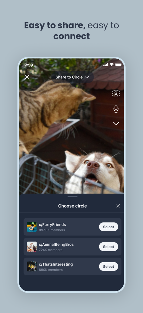 Scoopz app interface showing a video being shared to community circles like Furry Friends and Animal Being Bros