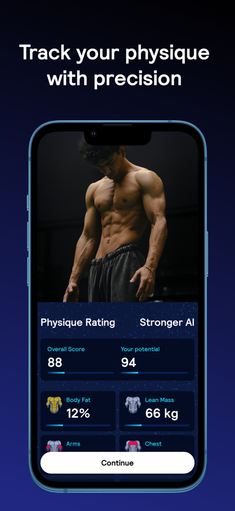 Stronger AI: Gym Planner - Interfaz de la aplicación Stronger AI que muestra un panel de calificación de físico con puntuación general, porcentaje de grasa corporal y análisis de masa magra.