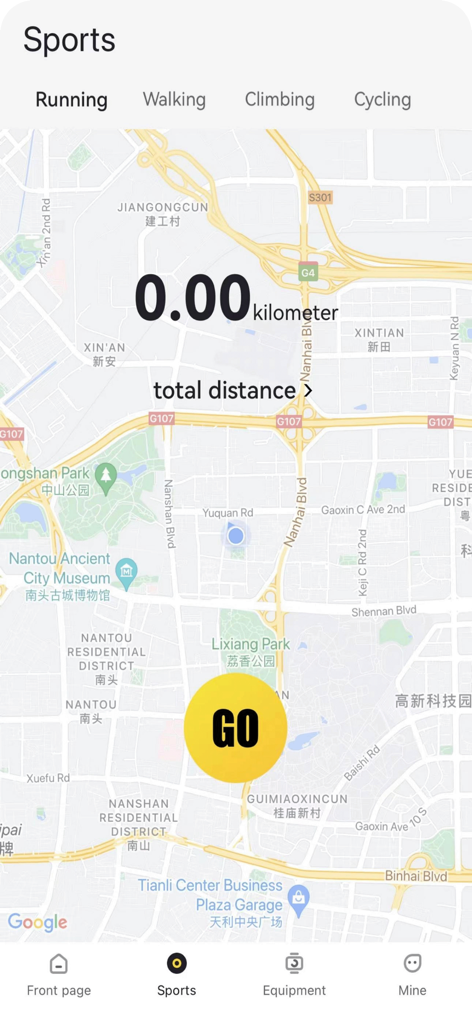 H wear Pro - Sports tracking interface in H wear Pro app with running mode and map