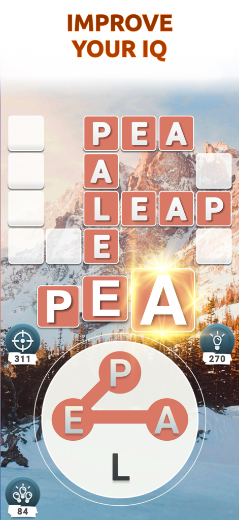 Word Connect - Words of Nature - Une interface de jeu de puzzle Word Connect montrant une grille de mots croisés sur un fond de montagne enneigée et le texte Améliorez votre QI.