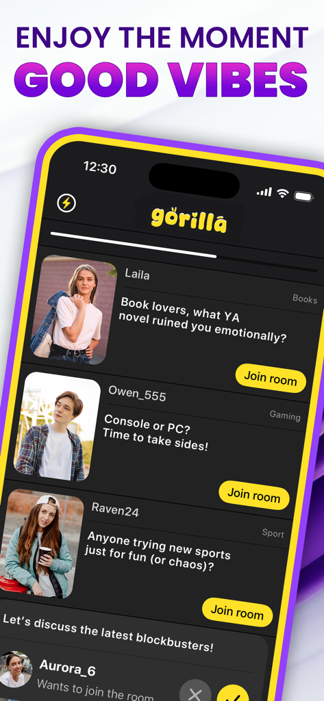 Gorilla Chat: Live Social - Gorilla Chat app interface showing a list of live social chat rooms with different interest categories like books gaming and sports